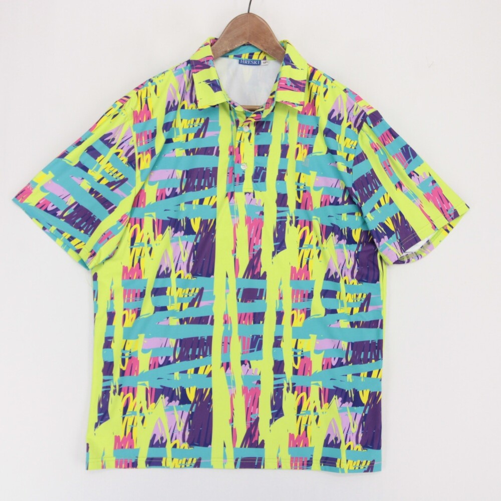 Hreski Polo Shirt Mens M Neon Yellow Abstract Brushstroke Performance Golf